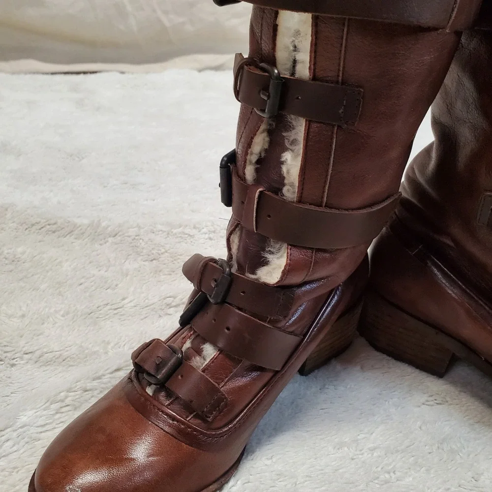 Brown Leather Australian Fur Fuzzy Buckle Tall Boots Women‎ 6 Boho Winter Cozy